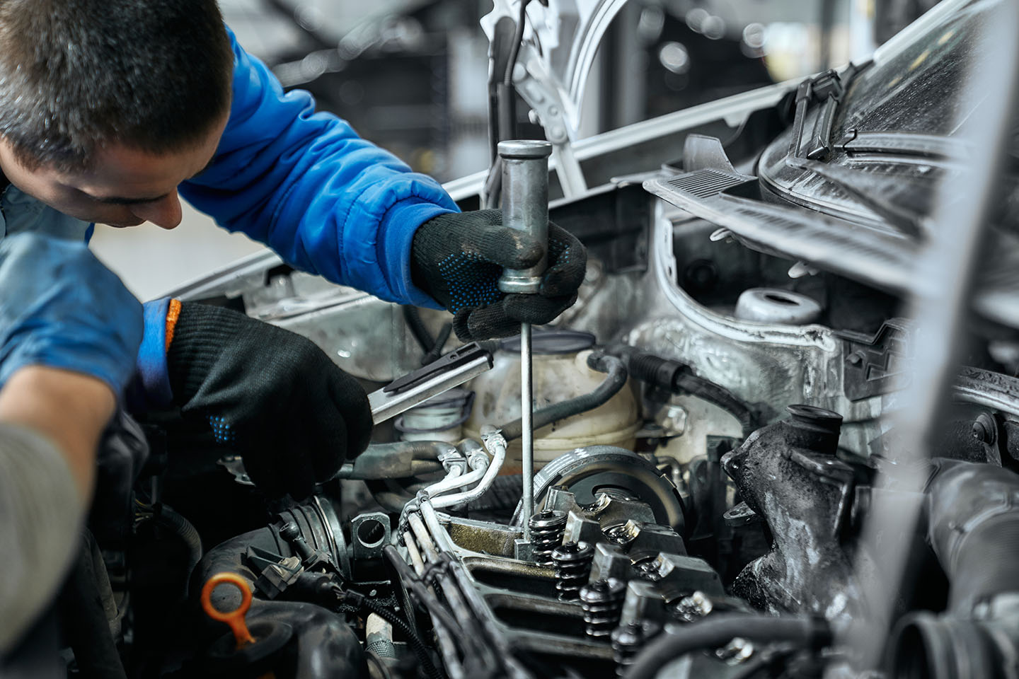 Auto Mechanic Blue Uniform Black Gloves